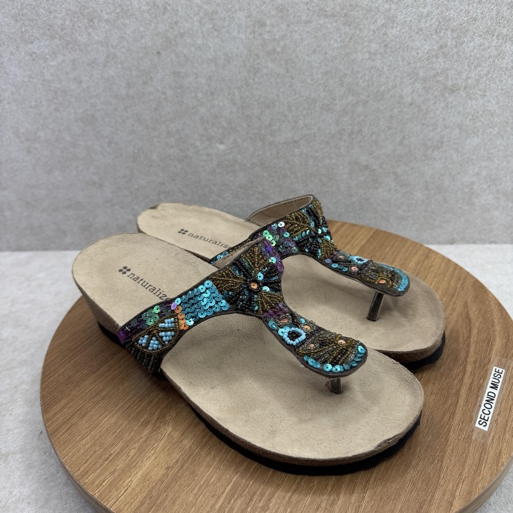 Naturalizer Sandals Shoes Womens Size 5 Multicolor Thong Wedge Beaded Cushioned